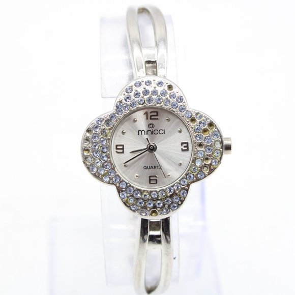 Vintage Minicci Watch Womens Silver Tone Steel Classic Floral Rhinestones Dial - Picture 1 of 8